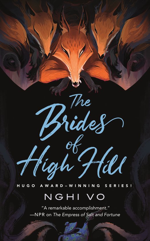 Boekomslag van 'The Brides of High Hill' met drie oranje vossen met scherpe tanden op een donkere achtergrond.