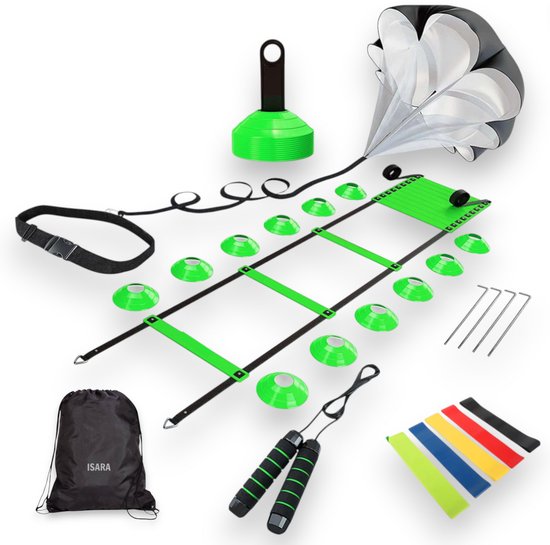 ISARA Voetbal Trainingsmateriaal Set 2025 – Groen – Voetbal & Hockey Spullen – Training Artikelen – Pionnen - Loopladder – Speedladder – Agility – Resistance Band – Weerstand Parachute Sprint – Springtouw Volwassenen Kinderen – 5 Onderdelen