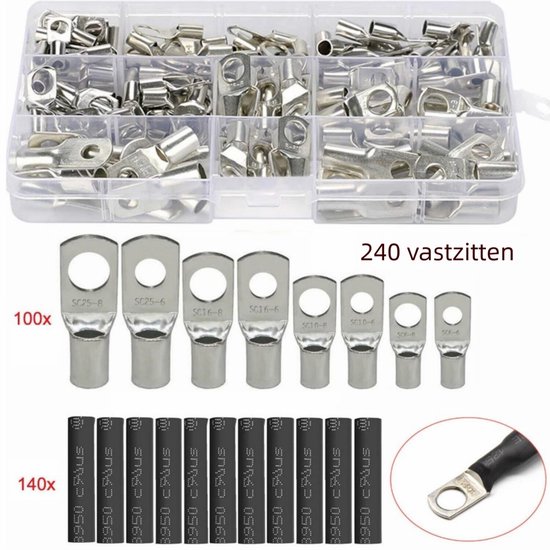 Cosses tubulaires - Bornier cuivre série SC - 100 bornes argentées + 140 bornes thermorétractables 330 g - Assortiment de 240 cosses tubulaires 6-35 mm² - Cosses à anneau, languettes à anneau, jeu de cosses à anneau - Cadeau fête des pères