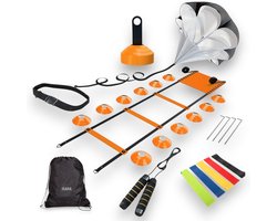 ISARA Voetbal Trainingsmateriaal Set 2025 – Oranje – Voetbal & Hockey Spullen – Training Artikelen – Pionnen - Loopladder – Speedladder – Agility – Resistance Band – Weerstand Parachute Sprint – Springtouw Volwassenen Kinderen – 5 Onderdelen