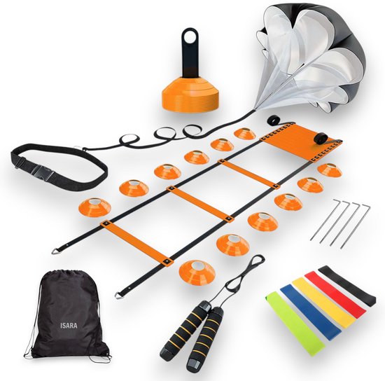 ISARA Voetbal Trainingsmateriaal Set 2025 – Oranje – Voetbal & Hockey Spullen – Training Artikelen – Pionnen - Loopladder – Speedladder – Agility – Resistance Band – Weerstand Parachute Sprint – Springtouw Volwassenen Kinderen – 5 Onderdelen