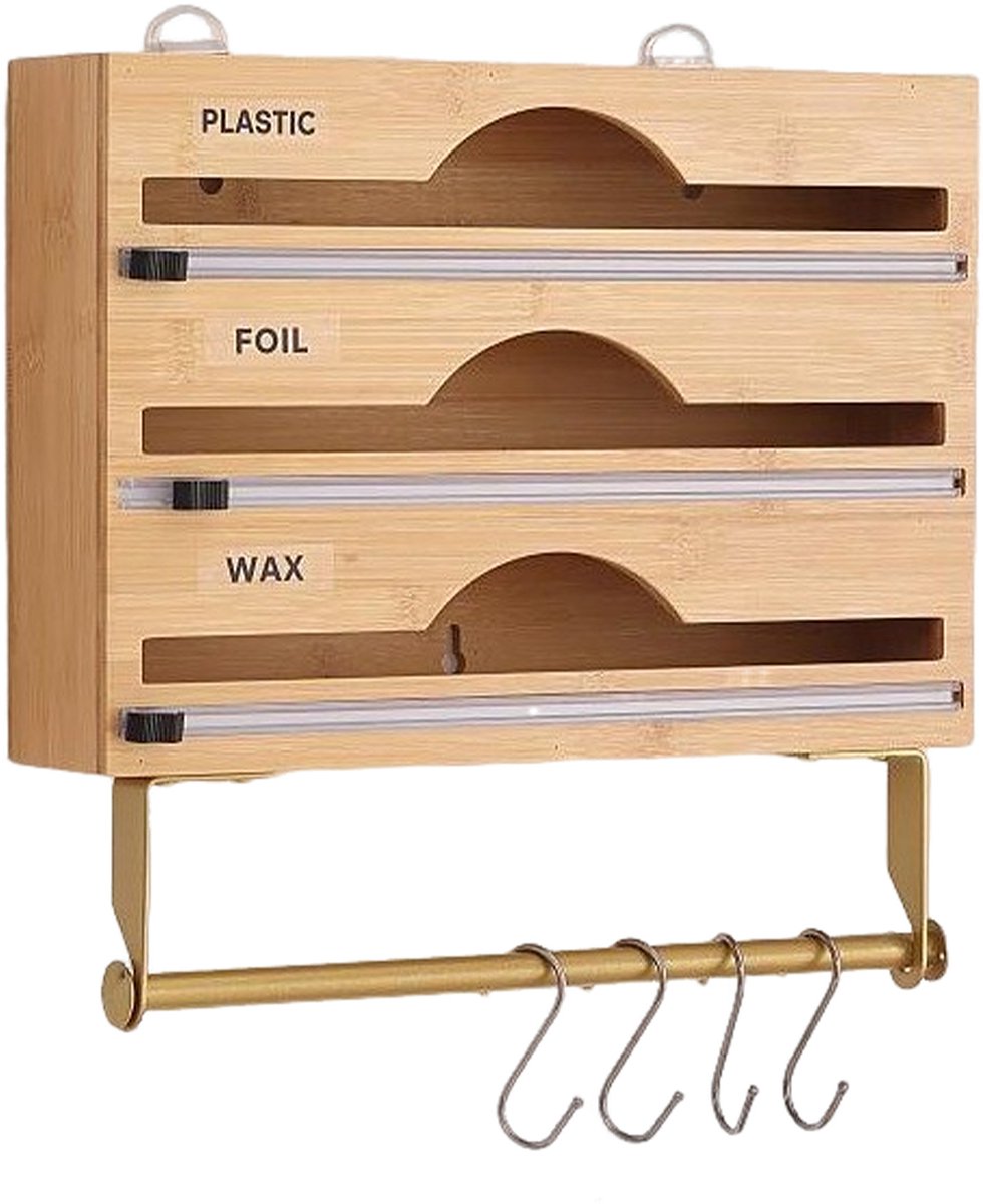 CHIWIN 3-in-1 Wandgemonteerde Foliensnijder met Haken – Bamboe Foliedispenser voor Aluminiumfolie, Vershoudfolie & Bakpapier – Zonder Boren, Ruimtebesparend en Multifunctioneel
