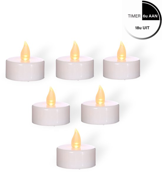 Comforder 6 LED Waxinelichtjes met Flikkerende Vlam - Elektrische Kaarsen met Timer - Theelichtjes incl Batterijen
