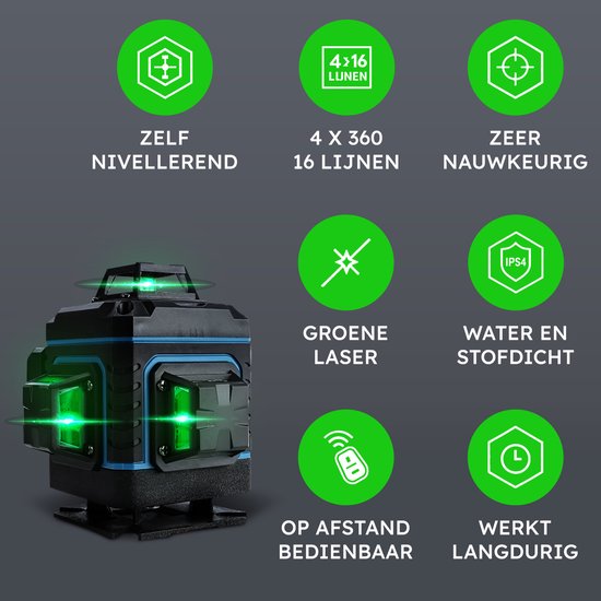 Zwarte 4D kruislijnlaser met blauwe accenten, projecteert 16 groene laserlijnen. Eigenschappen: zelfnivellerend, 360° rotatie, water- en stofbestendig (IP54).