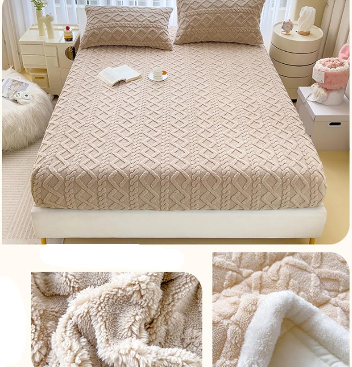 Elastic Bed Sheets Quilted, Plush Elastic Bed Sheets Queen Size, Elastic Bedsheets Queen Size Bed Fluffy, Machine Washable Elastic Bed Sheets, With 2 pillowcases (180 * 200cm/70.87 * 78.74in,Beige)