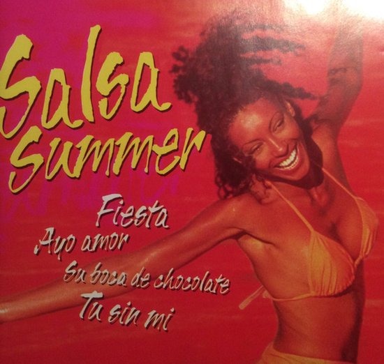 Vrolijke vrouw met krullend haar in een gele bikini, met de tekst 'Salsa Summer' en enkele songtitels.