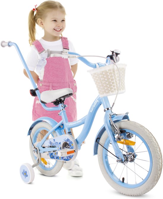 Foto: Flower bike fiets voor een meisje van 3 tot 5 jaar 14 inch blauw met fietsbel zijwieltjes duwstang en stuurmandje