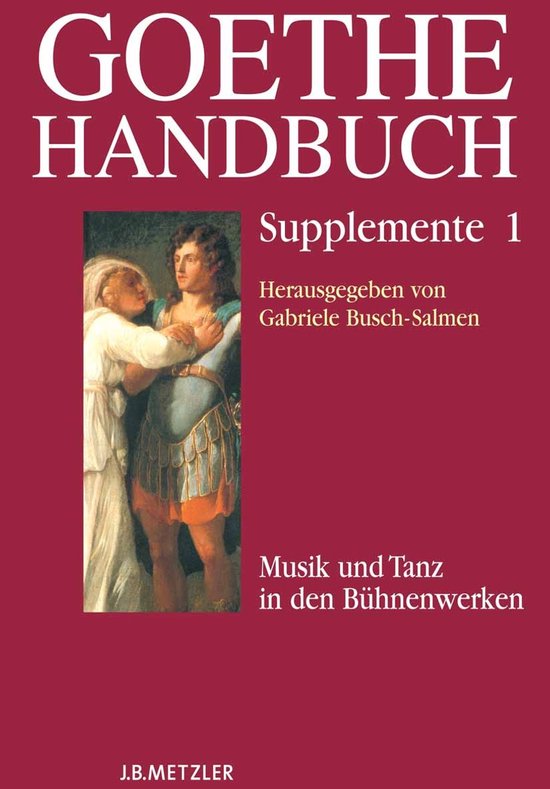 Boekcover met de titel "GOETHE HANDBUCH Supplemente 1" in witte letters op een rode achtergrond. Rechts een afbeelding van twee personen.