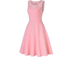 Elegante kanten jurk voor dames, cocktailjurk, bruidsmeisjesjurken voor bruiloften, avondjurken, ronde hals, knielange rockabillyjurk Roze M