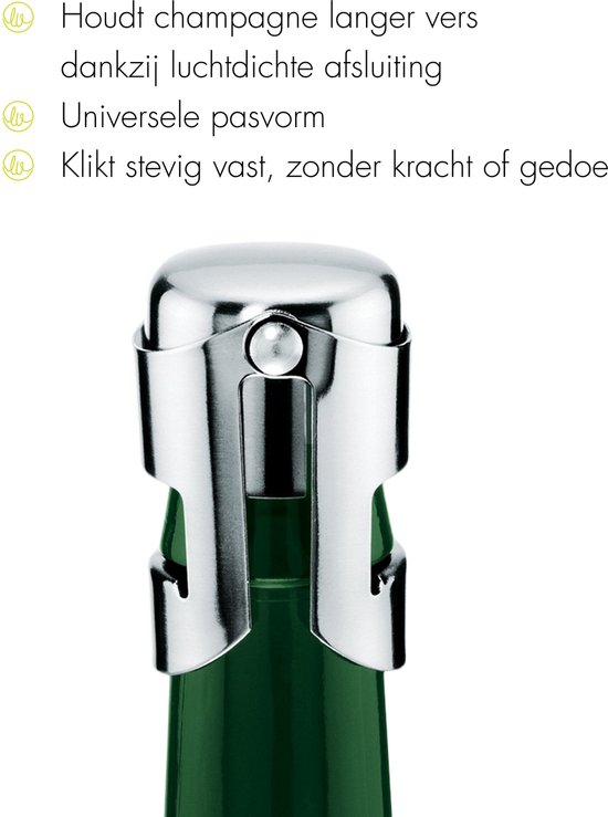 Zilveren champagnekurk met metalen klemsysteem om de fles luchtdicht af te sluiten.
