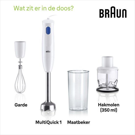 Inhoud van de doos: Witte Braun staafmixer, garde, maatbeker en hakmolen (350 ml).