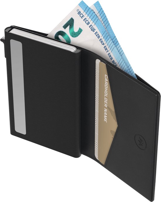 Prowallet Slim – Porte-cartes RFID - Noir – Portefeuille compact pour 8 cartes et billets – Porte-cartes coulissant en aluminium et simili cuir – Coffret cadeau de luxe – Homme & Femme