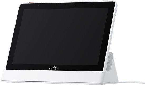 Een witte eufy tablet op een witte standaard, met het scherm naar voren.
