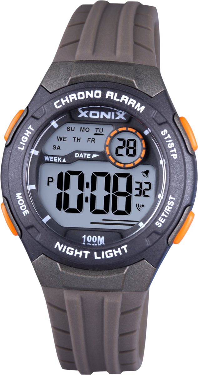 Xonix BBO-005 - Horloge - Polshorloge - Digitaal - Kinderen - Unisex - Rond - Siliconen band - ABS - Schermverlichting - Alarm - Datumaanduiding - Start-Stop - Tweede tijdzone - 12-24H - Chronograaf - Bruin - Grijs - Zwart - Oranje
