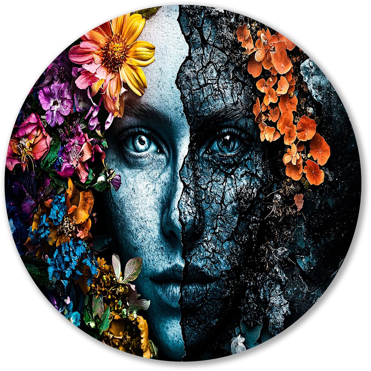 Bloemen en natuur portretkunst - Dualiteit wandcirkels - Ronde muurdecoratie gezicht - Sur
