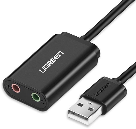 Close-up van een zwarte Ugreen USB naar 3,5 mm geluidskaartadapter met kabel.