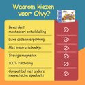 Verpakking van Olvy magnetische bouwstenen, met de tekst 'Waarom kiezen voor Olvy?' en kenmerken.