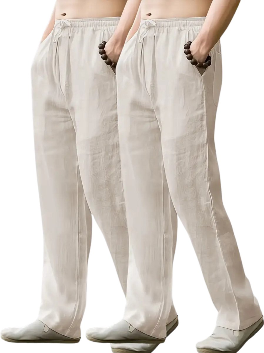 Livano Linnen Broek Heren Zomerbroek Volwassenen Lange Broek Pantalon Strandbroek Zomer Ibiza Stijl 2 Stuks Beige