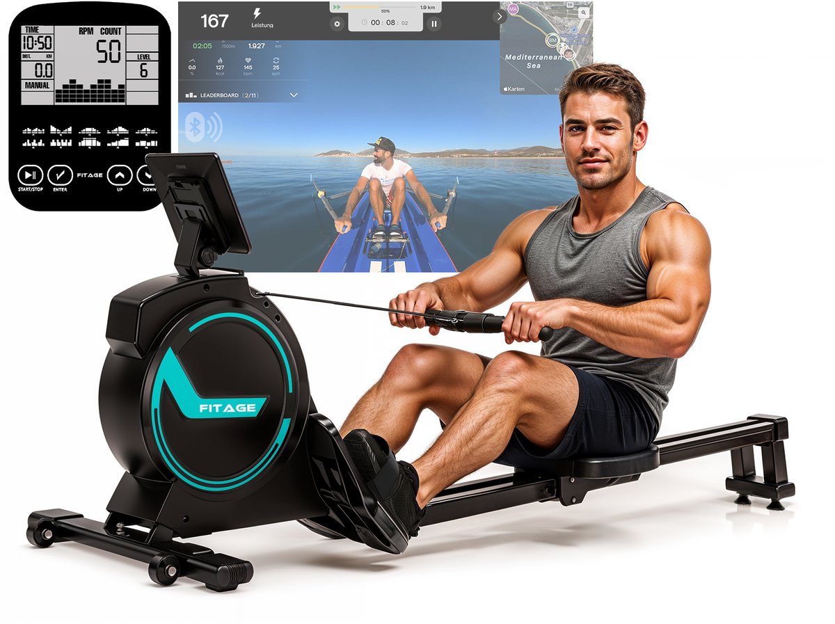 FITAGE Roeitrainer - Roeimachine 16 Weerstandniveaus - Roeiapparaat met Trainingsprogrammas en App - Roeitrainers - Inklapbaar
