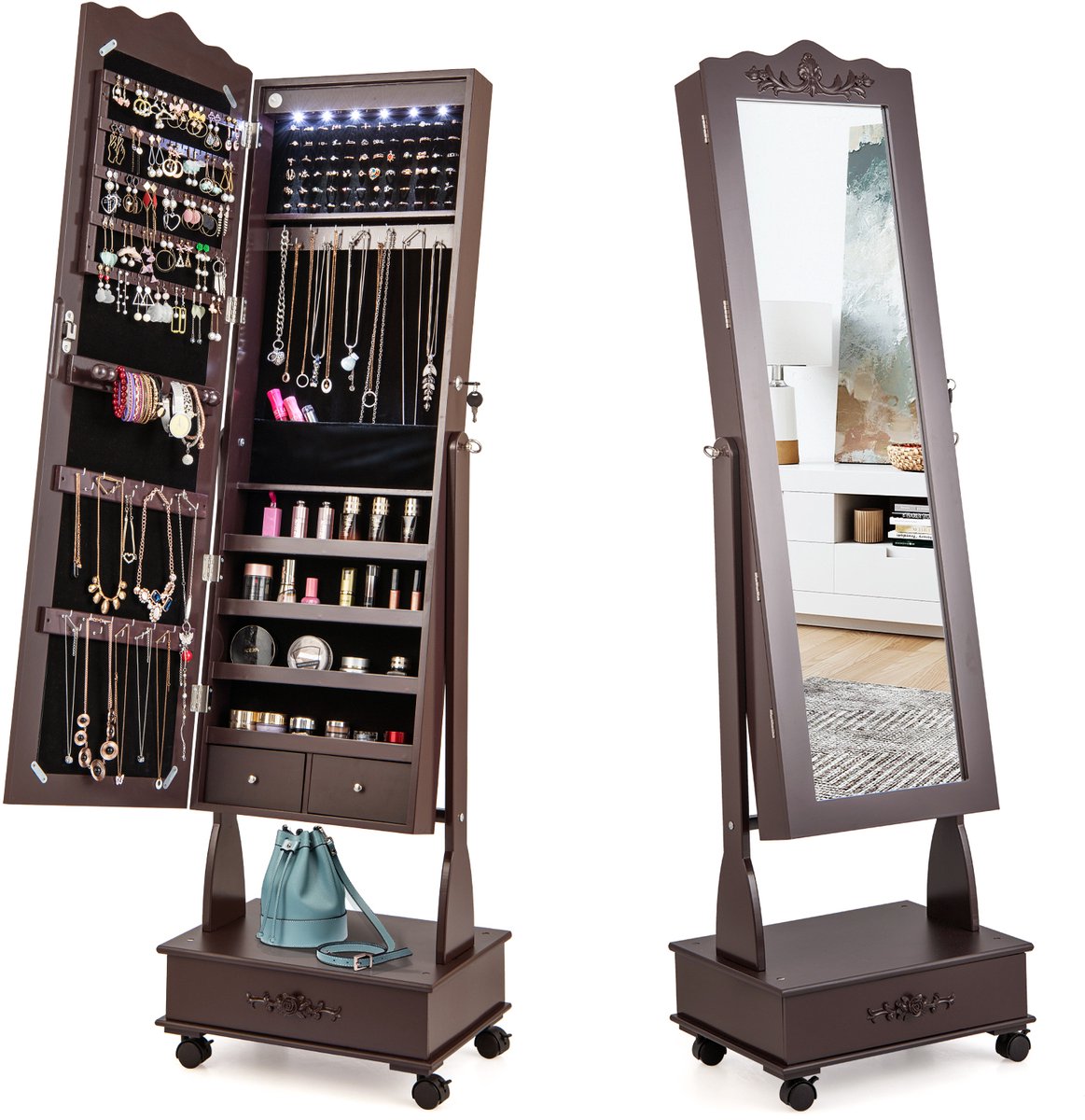 COSTWAY Sieradenkast met spiegel, led-sieradenspiegelkast met lade, sieradenorganizer, afs