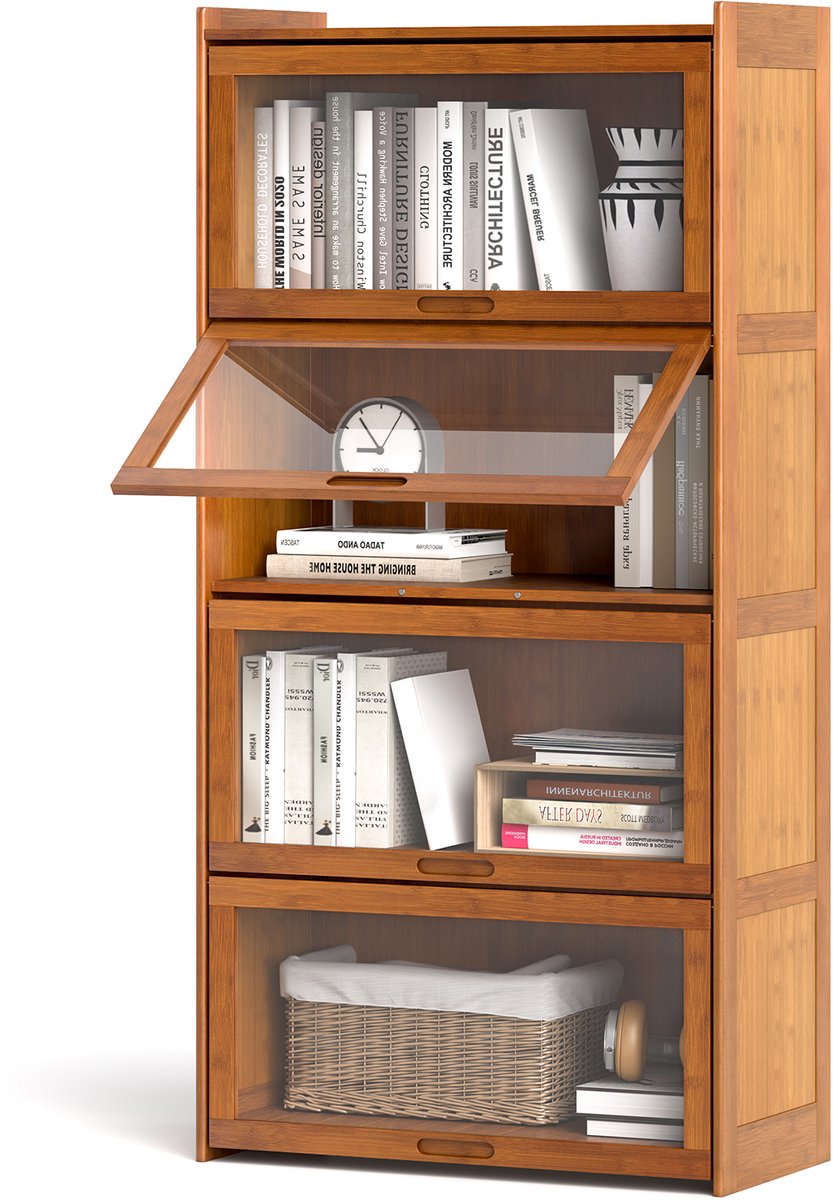 COSTWAY Boekenkast met 4 verdiepingen met acryldeuren, vitrinekast van bamboe met 4 vakken, vrijstaand, opbergrek voor werkkamer, woonkamer, 69 x 34 x 140 cm (bruin)