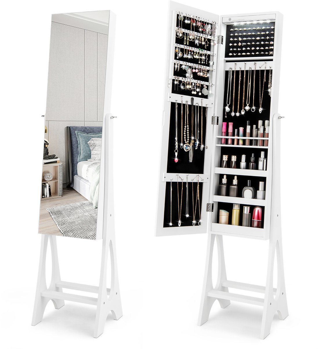 COSTWAY Sieradenkast, staande spiegel, afsluitbaar, 2-in-1 full-body spiegel met sieradeno