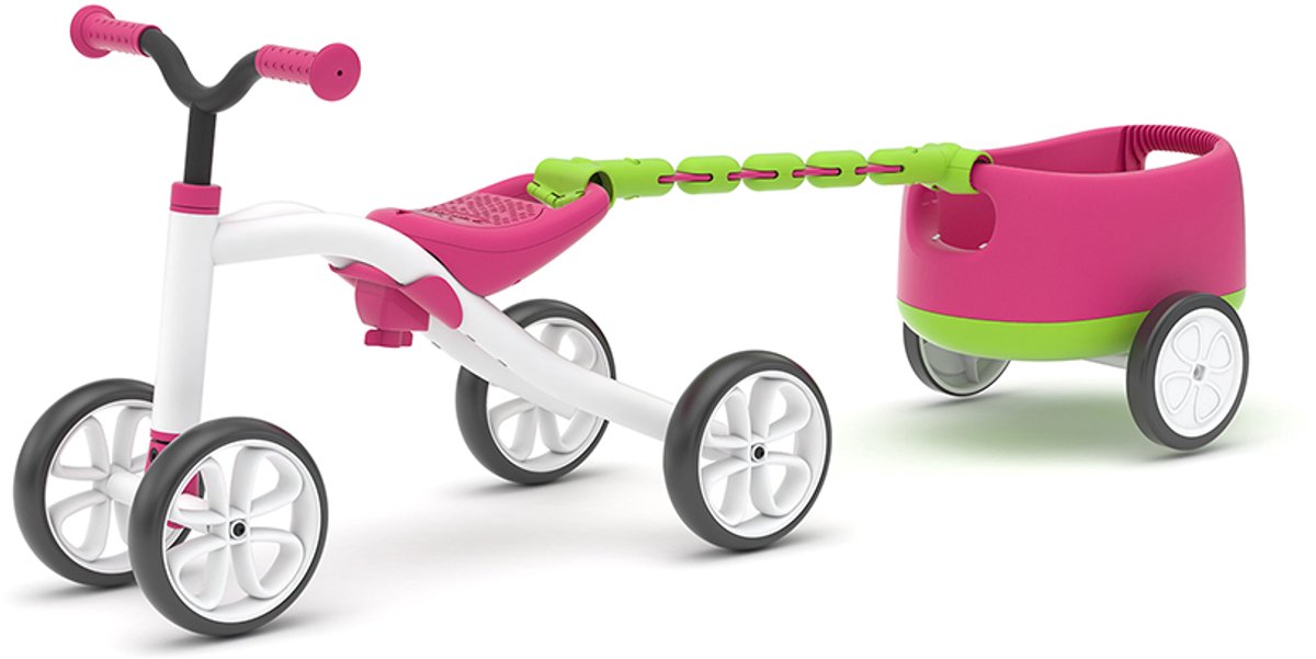 Chillafish Quadie+Trailie vierwieler met aanhanger voor kinderen van 1-3 jaar, verstelbare zithoogte, opbergruimte in het zitje, wielen zijn geluidloos en maken geen krassen, met leuke stickers, Roze