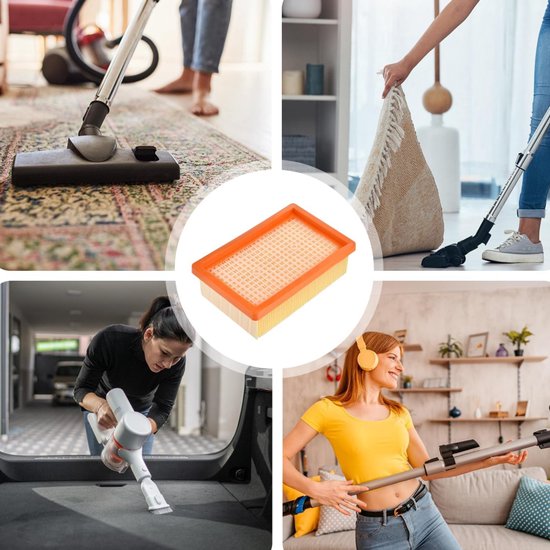 Collage van mensen die stofzuigen, met een inset van een plat, oranje filter.