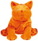 Zachte oranje knuffelkat met rode strepen op het hoofd en rode pootjes. Zit met gebogen poten.