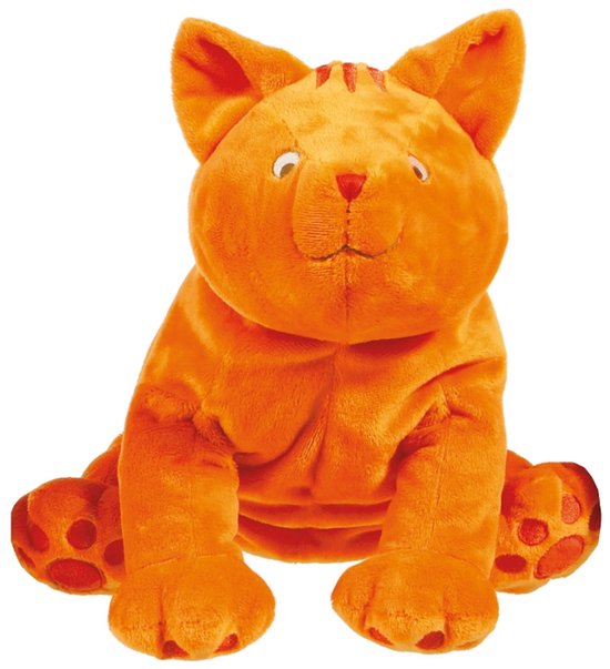 Zachte oranje knuffelkat met rode strepen op het hoofd en rode pootjes. Zit met gebogen poten.