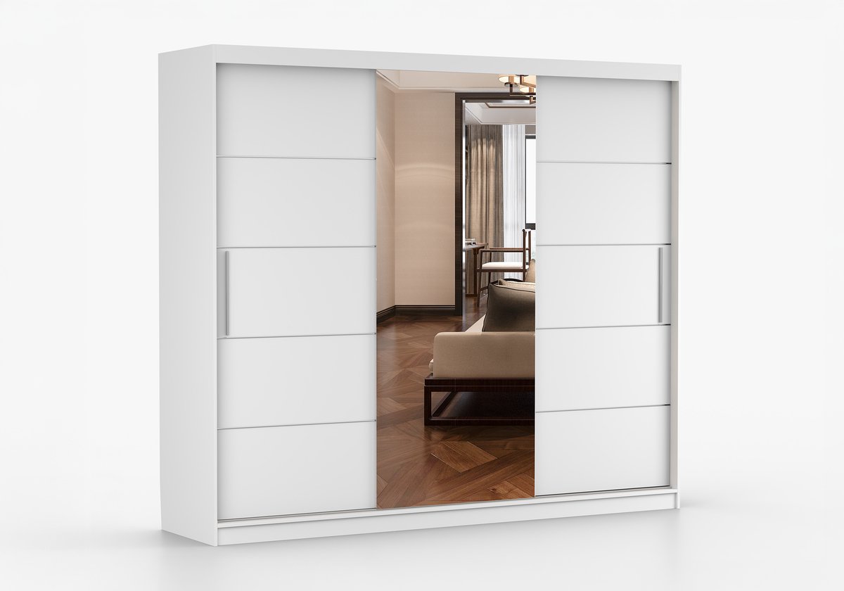 AJE Meubles B.V. Schuifdeurkast ELBA I met Spiegel – 3-deurs kledingkast, legplanken en kledingroede – modern design – 250x218x61 cm - ELBA I (Wit)