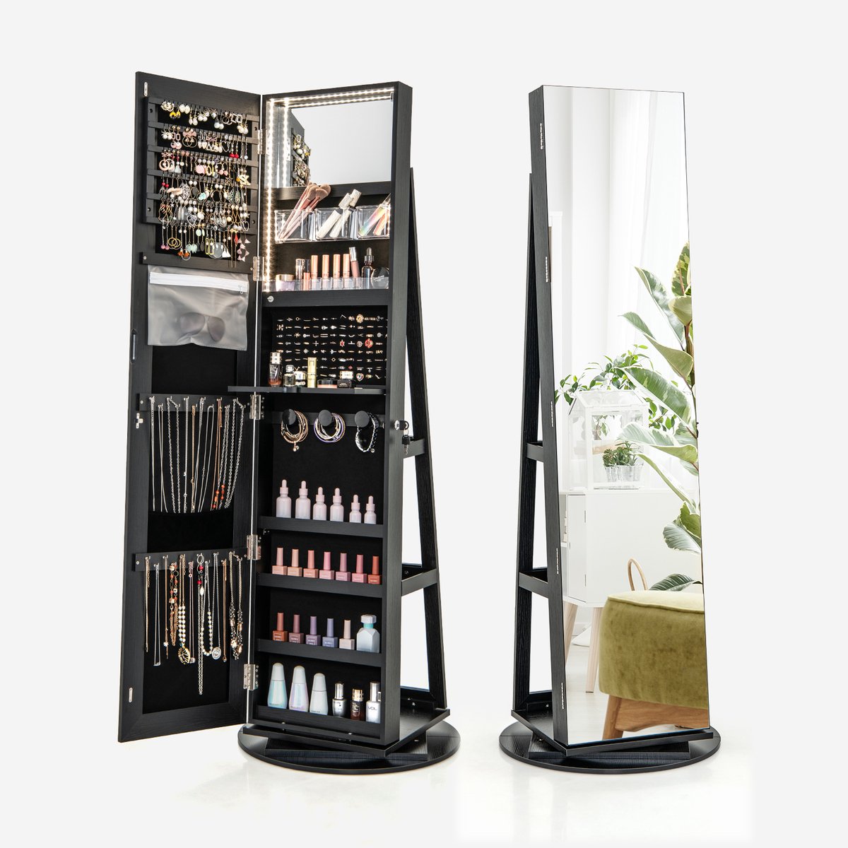 COSTWAY Sieradenkast met led, spiegelkast, 360 graden draaibaar, met frameloze full-body s