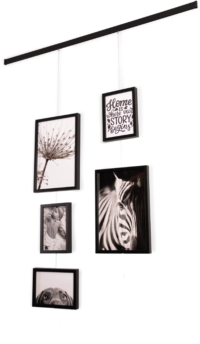 Artiteq - Fotolijst Set 5-delig - Zwart - Flexibele Fotomuur - Fotocollage -Met Schilderijrail, Haken en Draden - 13x18 & 20x30 cm Lijsten - Strakke Wanddecoratie