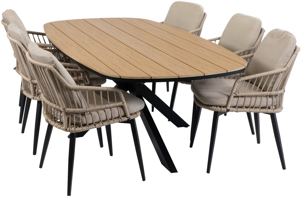 7-delige tuinset | 6 Isabel tuinstoelen (Sand) | Tuintafel Cadiz 240x115cm (Black)