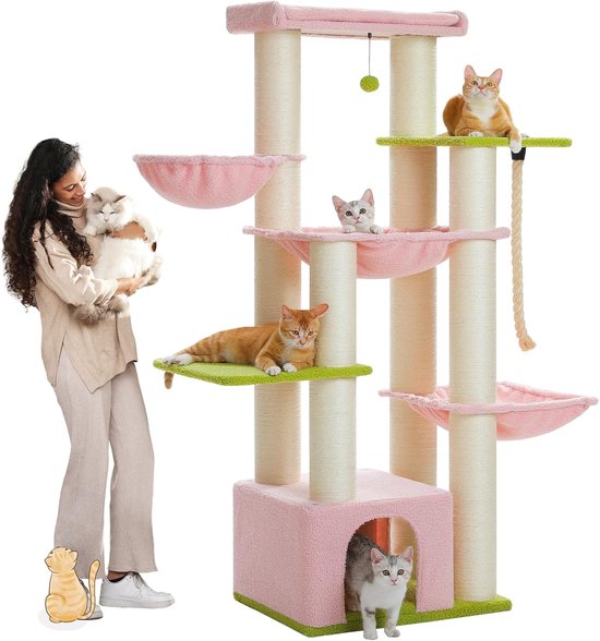 PAWZ Road Krabpaal voor grote katten, stabiel, met meerdere niveaus, hangmat, 13 sisalpalen (11 cm), grote zitstang, holletjes, manden, krabpaal XXL 170 cm, roze