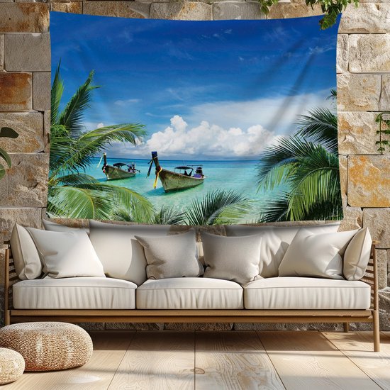 Ulticool - Plage Mer Bateau Palmier Nature - Affiche Tapisserie - 200x150 cm - Groot tapisserie - Affiche Jardin Tapisserie