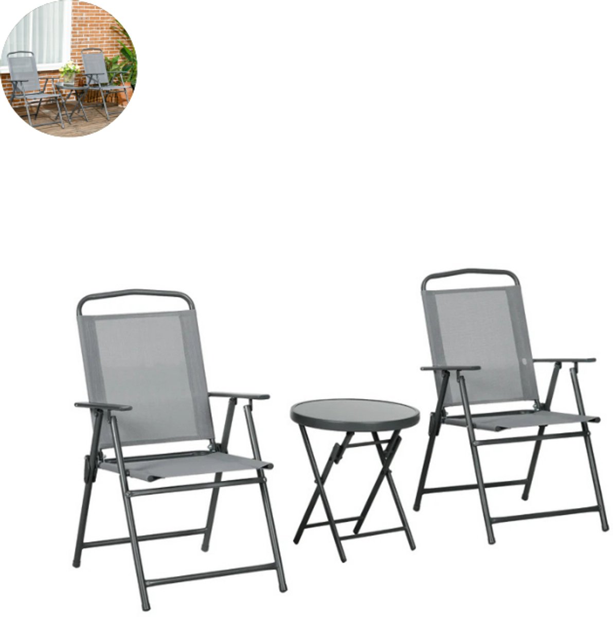 Lichtgrijs 3-delig bistroset tuinset met tuintafel en 2 stoelen - weerbestendig.