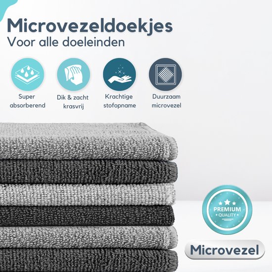 Pile de chiffons en microfibre gris et noirs avec icônes : Super absorbant, Épais et doux sans rayures, Capture de poussière puissante, Microfibre durable.