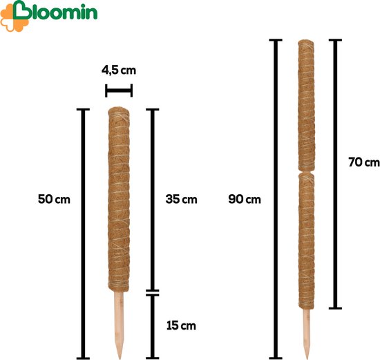 Twee kokos potstokken met afmetingen 50 cm en 70 cm, met duidelijke lengteaanduidingen.