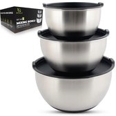 HI NATURE™ RVS Mengkommen set 3 met Luchtdichte Deksel - Rustvrije Staal Kommen set | Mixkom - Beslagkommen - Mengschalen - Bakspullen - Slakom - Saladekom | Beslagkom set - AntiSlip Bodem - Vriezer & Vaatwasserbestendig (Grijs / Zilver)