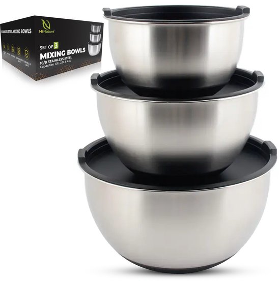 HI NATURE™ RVS Mengkommen set 3 met Luchtdichte Deksel - Rustvrije Staal Kommen set | Patisseriekommen - Mixkom - Beslagkommen - Mengschalen - Bakspullen - Slakom - Saladekom | Beslagkom set - AntiSlip Bodem - Vriezer & Vaatwasserbestendig