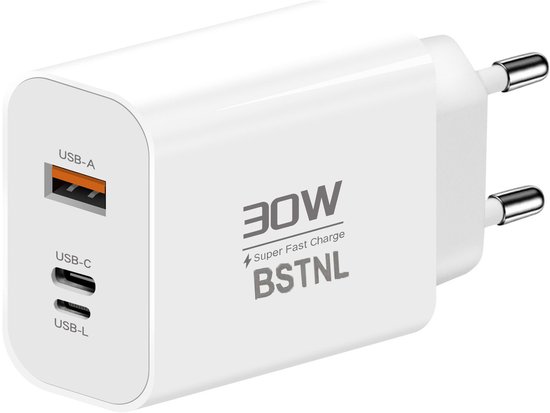 BSTNL Snellader 30W - USB C / USB A / USB L - 3 Poorten - Geschikt voor Apple iPhone 17/16/15/14/13/12/11 - Oplader - Geschikt voor Samsung Galaxy S24/S23/S22/S21 - Fast Charger - Snellader - USB C Adapter - USB Stekker - Wit