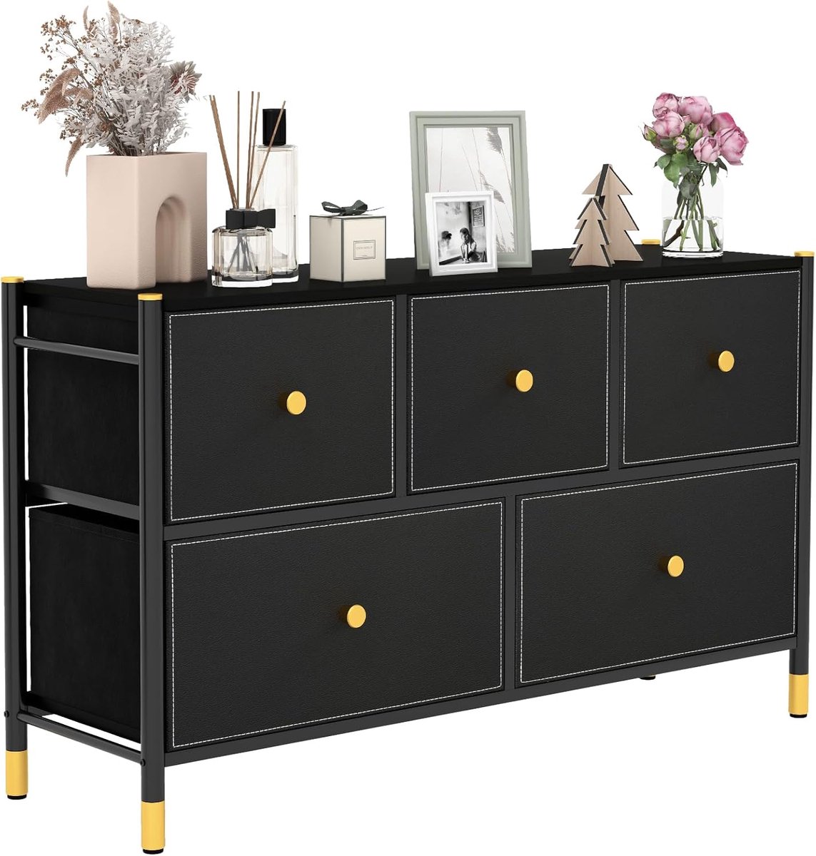 COSTWAY Stoffen commode met 5 laden, ladekast met metalen frame, dressoir met verstelbare voetkussens en kantelbeveiliging, mandrek voor woonkamer, slaapkamer, hal (5 laden)