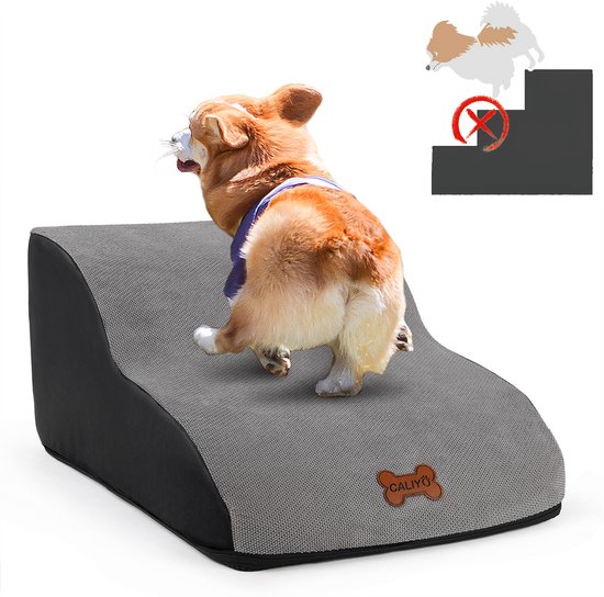 CALIYO Hondentrap - Trap Hond 2 Treden – 40x55x26 cm - Hondentrapje voor Honden - Hondenloopplank - Opstapje Hond - Foam - Grijs