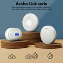 Drie witte Aroha Link melders op houten sokkels: een rookmelder, een koolmonoxidemelder met display en een combimelder.