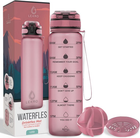 Lekro Waterfles met Tijdmarkeringen - Motiverende Drinkfles Met Fruit filter en Shake Bal/Shaker - 1 Liter - BPA vrij - Sportfles - Voor Volwassenen en Kinderen - Waterflessen met Rietje - Drinkfles Kind - Rosé Goud