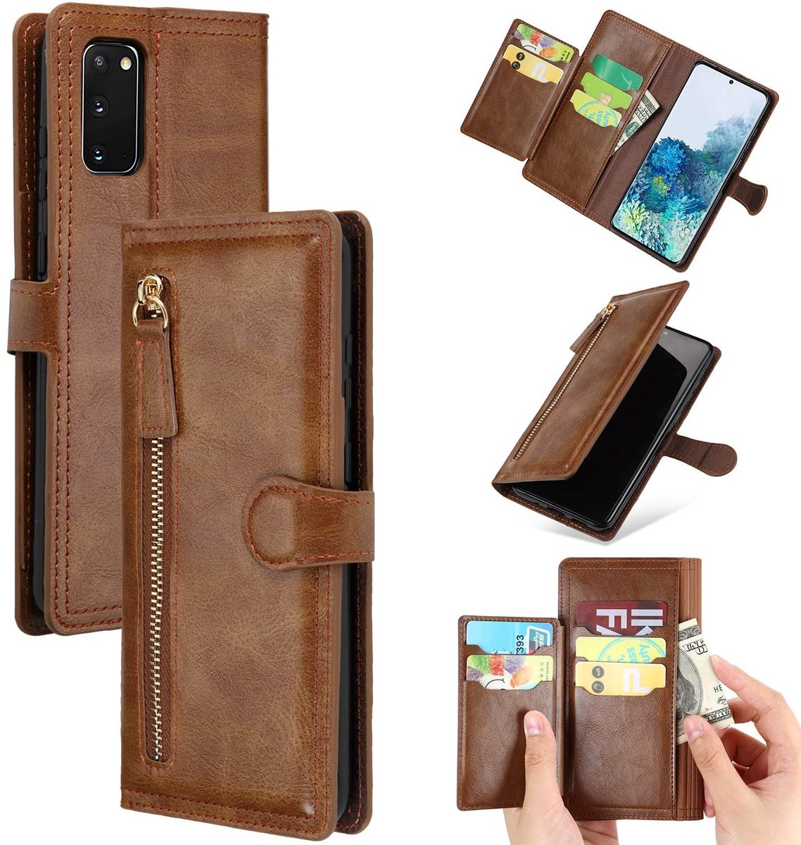 Premium vintage portemonnee hoesje met ritssluiting flip-cover hoes met kaarthoudersleuven Geschikt voor: Samsung Galaxy A32 4G - Donkerbruin