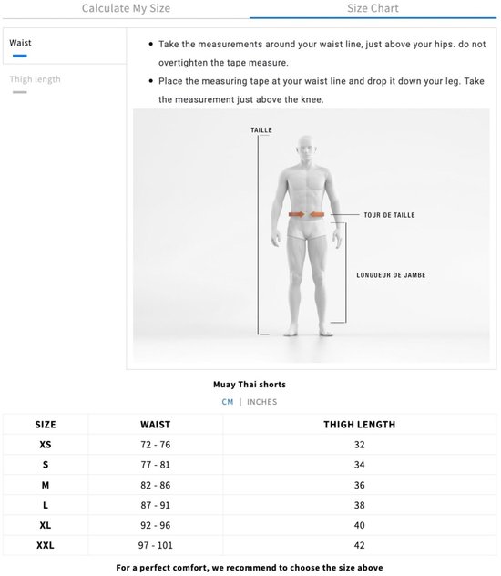Maattabel voor Venum kickbokshort met instructies voor het opmeten van taille en beenlengte.