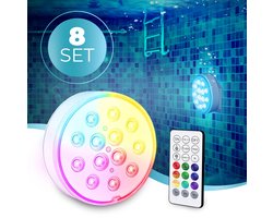 KENN® Oplaadbare Zwembadlamp – Set van 8 – Zwembad Verlichting – Met Afstandsbediening – IP68 Waterdicht – Onderwater Verlichting – LED Onderwater Lamp – Vijververlichting – Jacuzzi Verlichting – Inclusief Bevestiging – 13 LED’s – Oplaadbaar Model