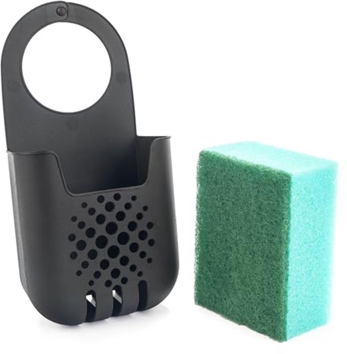 KADAX sponshouder, afdruiprek voor afwasspons, hangende mand voor het opbergen van sponzen, kraanrek, organizer voor keuken (zwart)